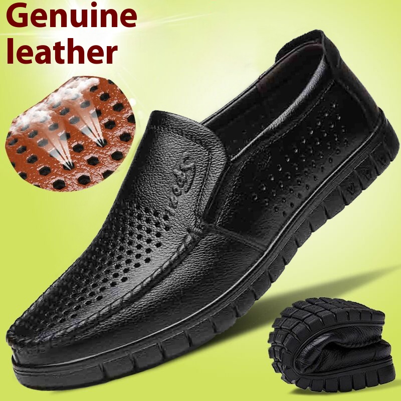 Breathable Hollow Hole Sandals Cowhide Middle-aged And Elderly Genuine Leather Soft Bottom Leather Shoes foto 2