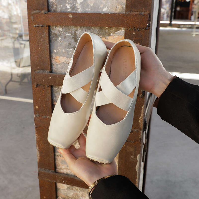 Cross-Strap Ruched Square-Toe Retro Chunky-Heel Ballet Flats foto 2