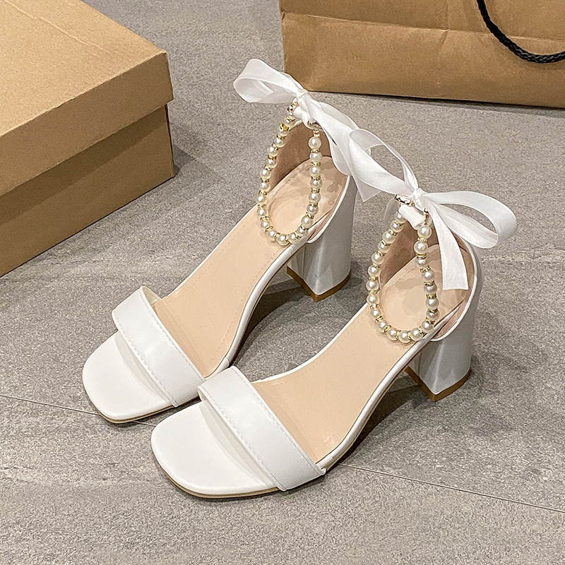Summer New Pearl Bow Buckle Open Toe Chunky Heel All-match Sandals foto 4