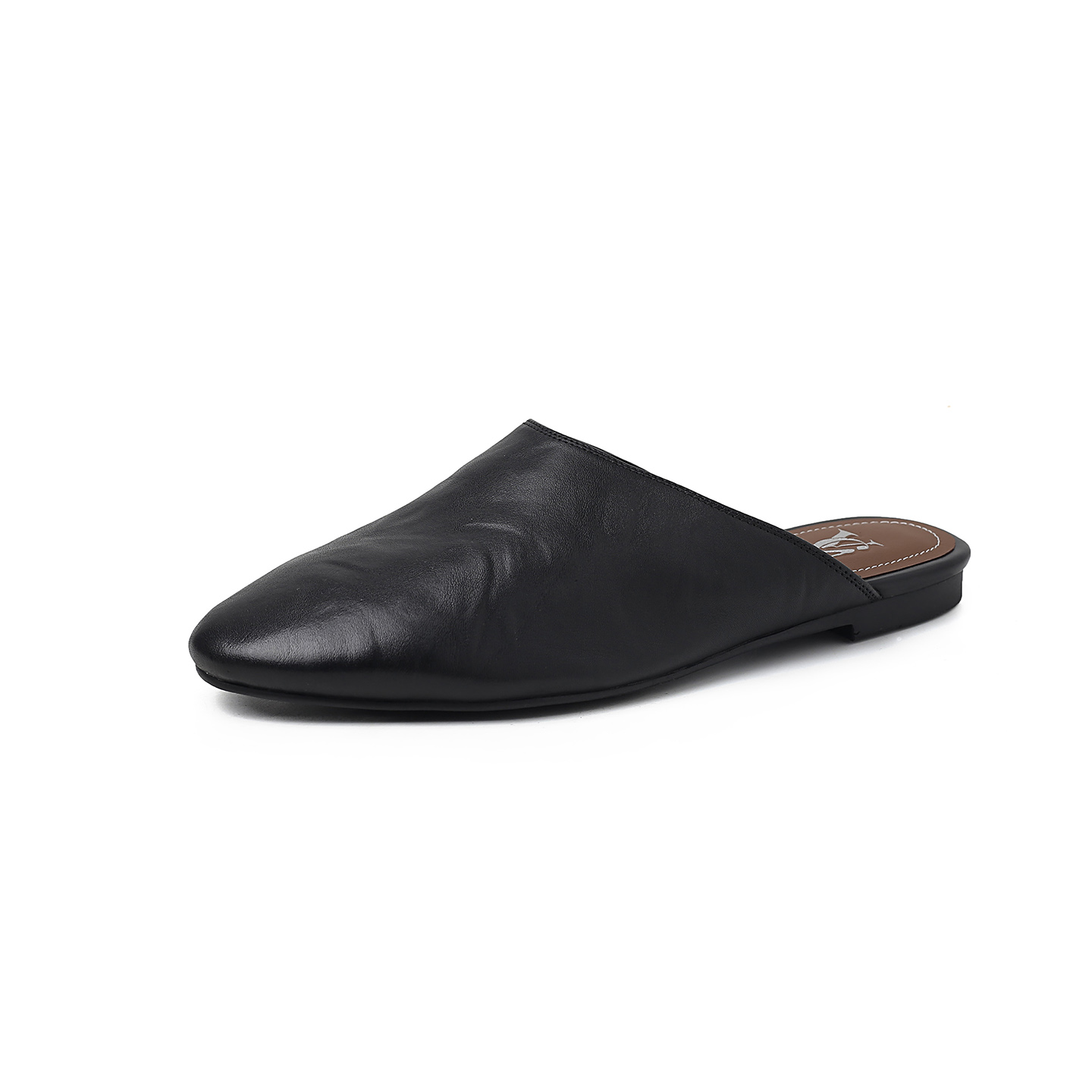 Women's Handmade Full-Grain Washed Leather Mule Slides, Round-Toe Slip-On Flat Shoes