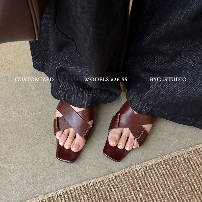 Women's Handmade Full-Grain Leather Crisscross Flat Sandals, Square-Toe Side Cutout Shoes foto 2