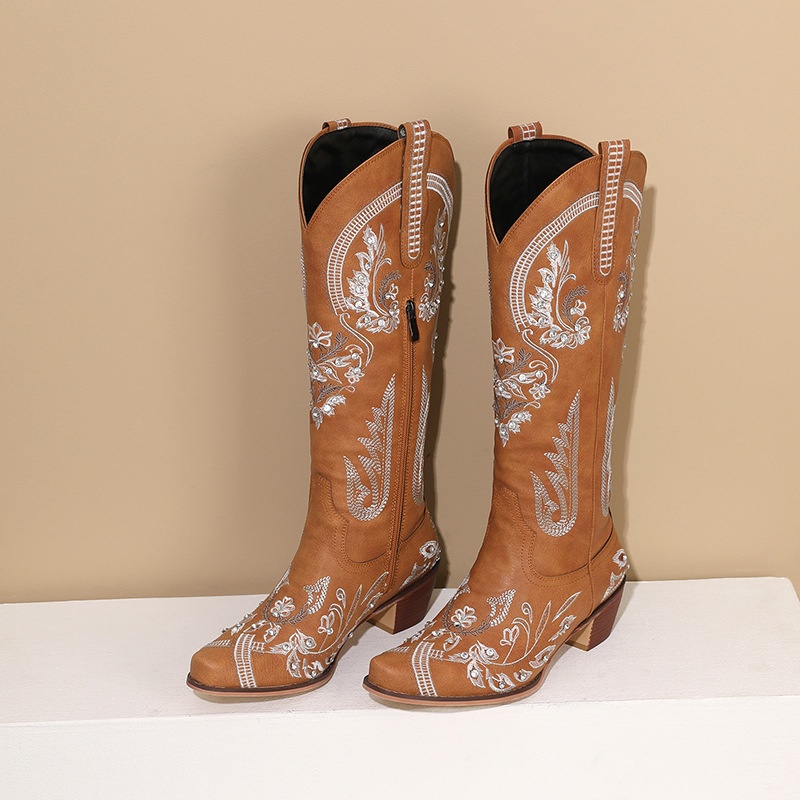 Embroidered Rhinestone Thick High Heel Side Zipper High-top Boots foto 5