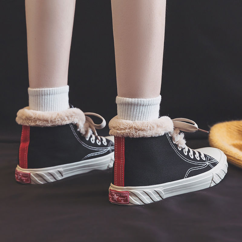 Women's Warm Black Winter Thick Flat High-top With Velvet Canvas Shoes foto 5