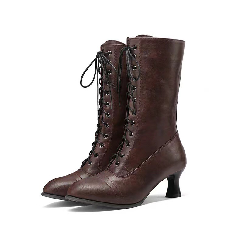 Cross-front Lace-up Low-heeled Womens Mid-calf Boots foto 3