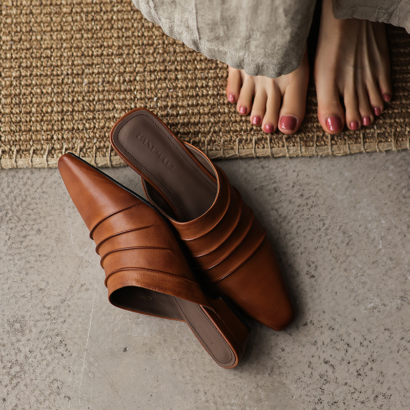 Women's Handmade Full-Grain Sheepskin Ruched Mule Slides, Square-Toe Low-Heel Leather Backless Shoes With Pigskin Lining