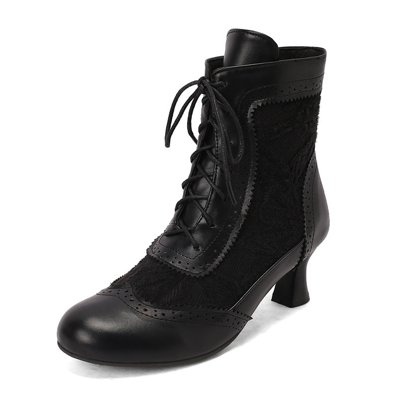 34-50 Plus-Size Autumn Winter Lace Patchwork Colorblock Lace-Up Boots