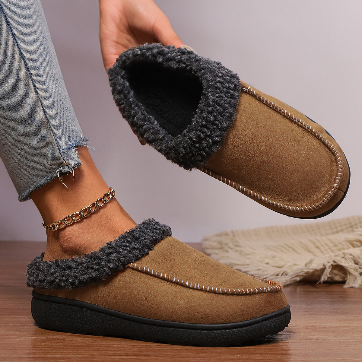Thickened Autumn And Winter Indoor Half-covered Heel Home Cotton Slippers foto 2