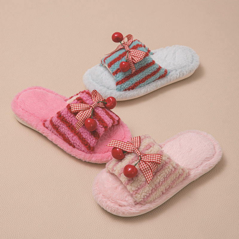 Contrast Color Cherry Open Plush Slippers foto 4