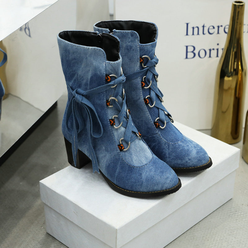 Womens Denim Winter Boots New Korean-Style Lace-Up Design foto 3