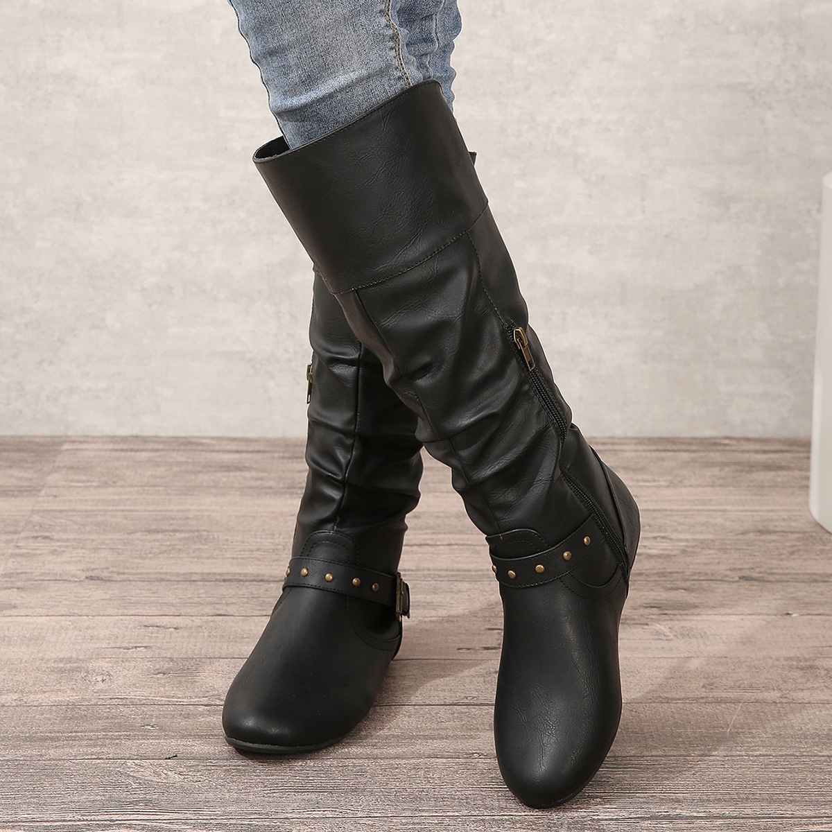 Retro-cuff Leather Belt-buckle Round-toe Womens Boots foto 5