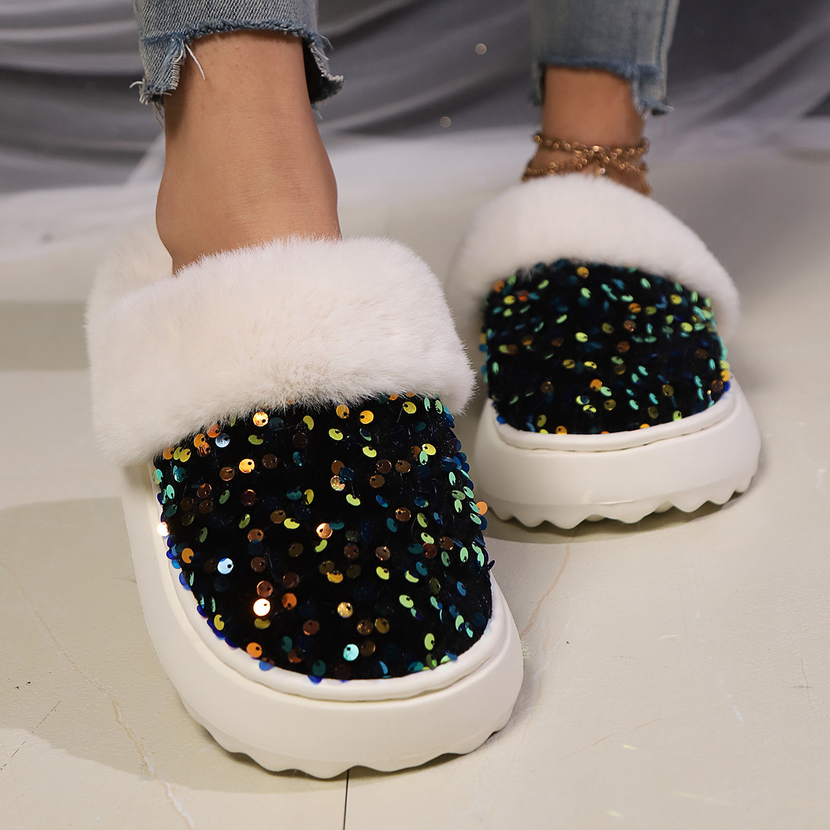 Sequined Large Wool Mouth Plush Toe Cap Cotton Slippers foto 4