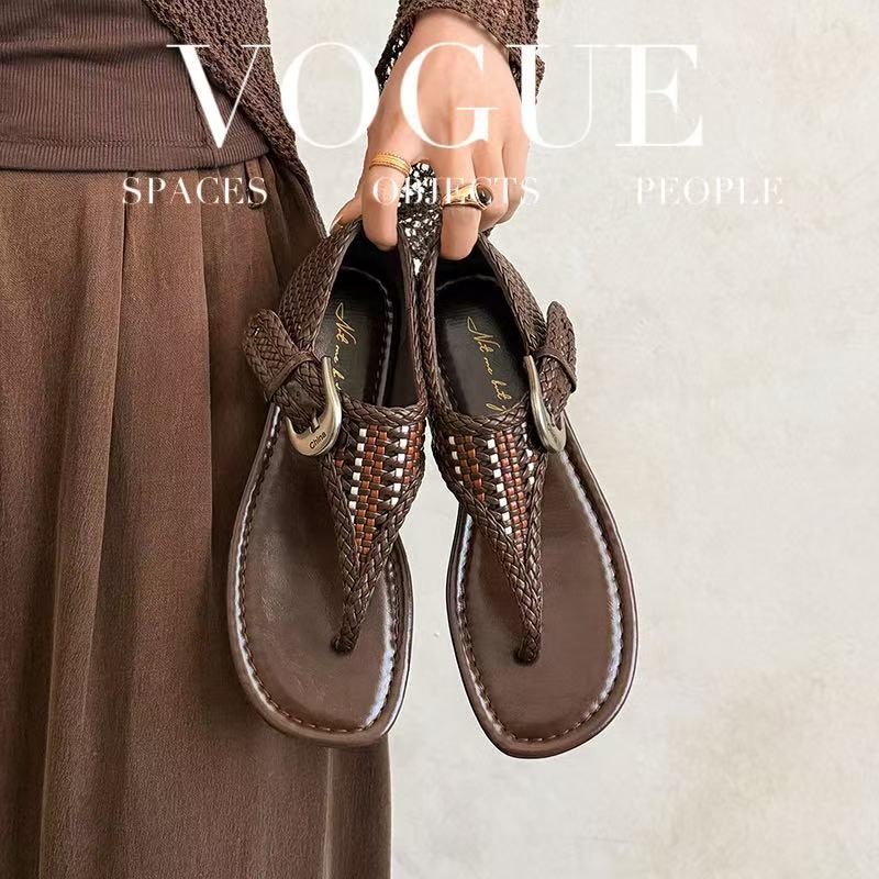 Women's Handwoven Cowhide Thong Sandals, Full-Grain Leather Ankle Buckle Flat Shoes foto 2