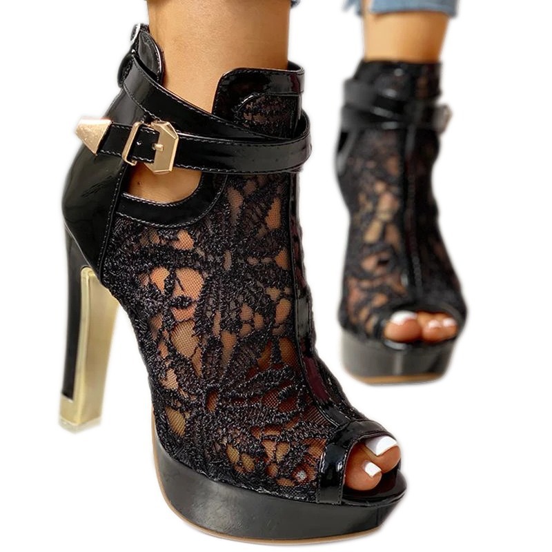 Lace-Trimmed Buckle Fish-mouth Chunky Heel Sandals Womens foto 5
