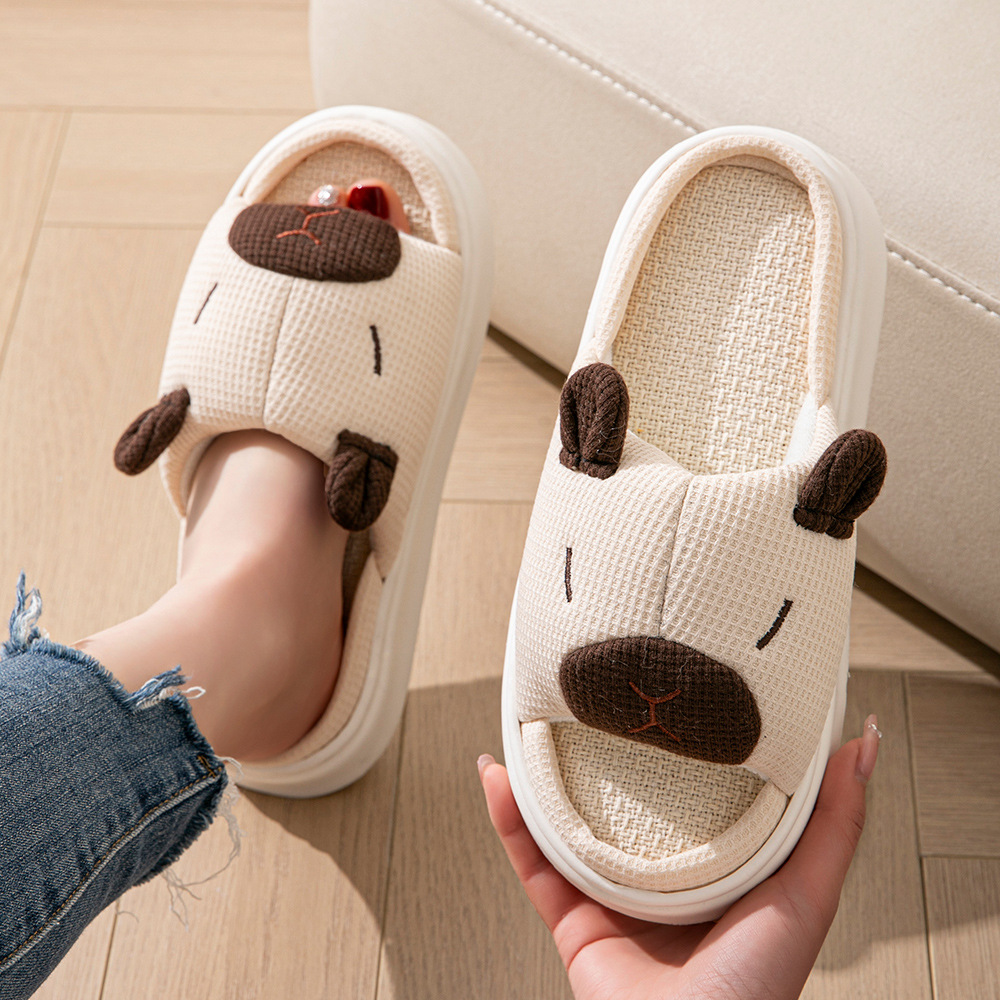 Capybara Open-Toe Linen Slippers With Thick Soles