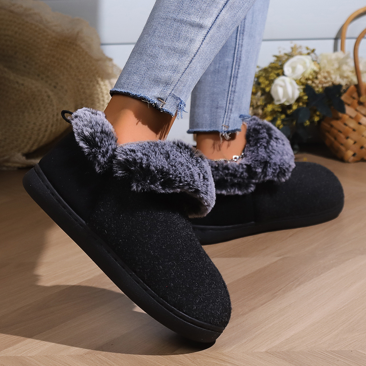 Neutral Felt Fur Collar Heel Cotton Shoes Wine Red Winter Indoor Shoes Comfortable Memory Foam foto 2