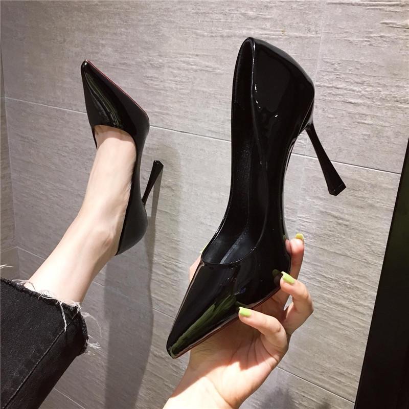 Womens Versatile Pointed-Toe Shallow-Pump Patent Leather High Heels