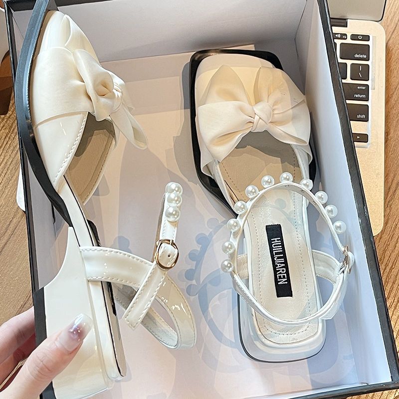 Summer Bow-Knot Pearl Low-to-Mid-Heel Leather Shoes foto 2