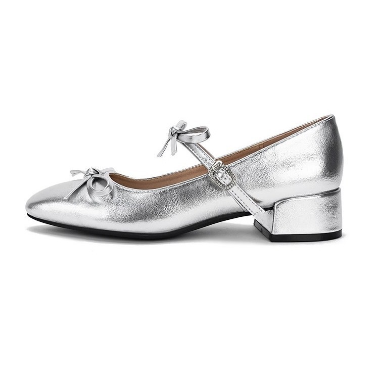 Silver Beautiful Small Single-layer Shoes Square Toe Bow foto 2