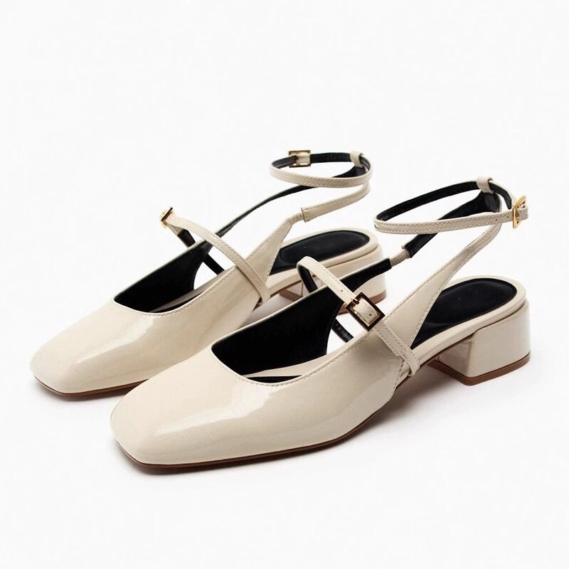 Women's Patent Leather Block Heel Open Back Square Toe Flat Sandals foto 3