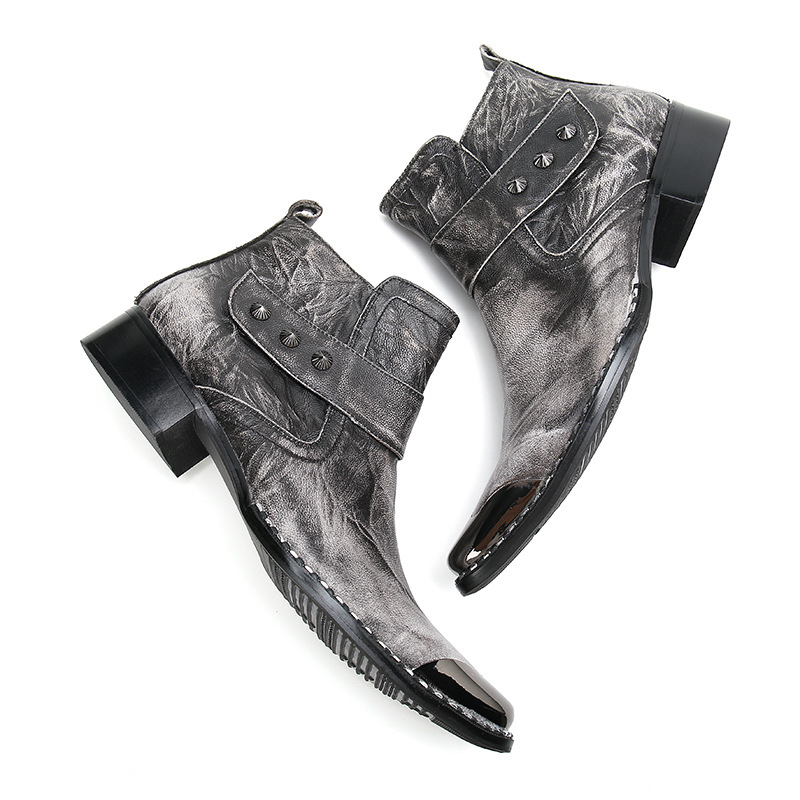 Chunky Heel Cowhide Gray Lace-up Motorcycle Boots Hairstylist Leather Boots foto 3