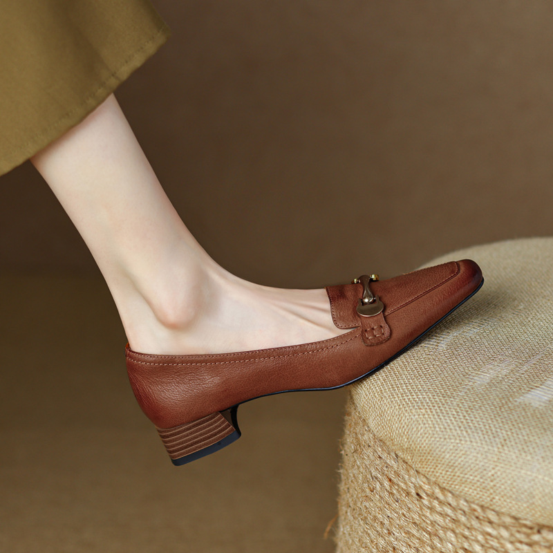 Spring And Autumn New Retro Square Toe Leather Shoes For Women foto 4