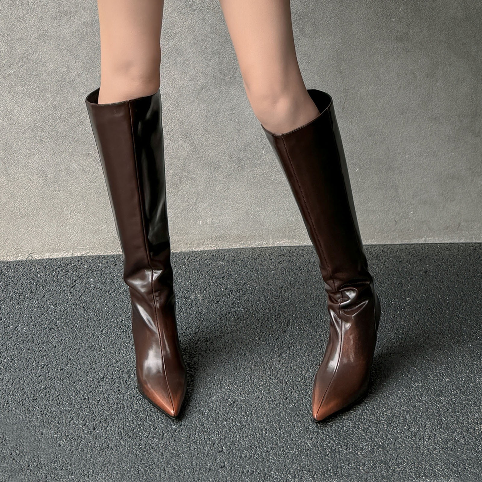 Temperament Pointed Cowhide Wedge Large Boots foto 2