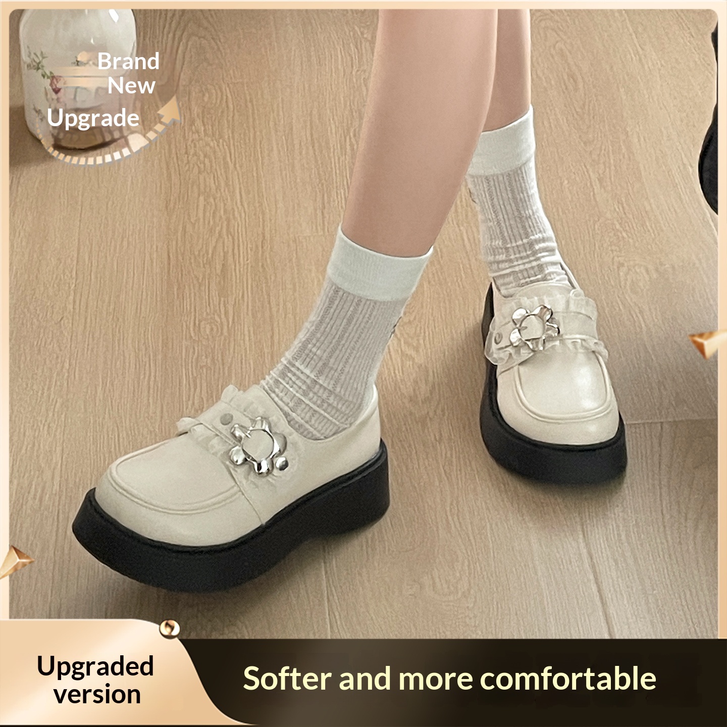 White Retro British Style Thick Soled High Rise Small Leather Shoes foto 4