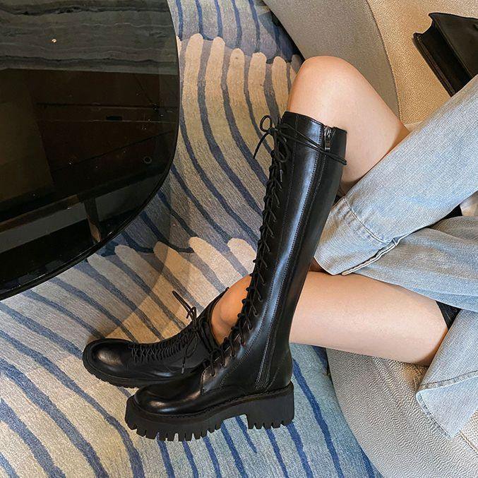 Women's Black Below The Knee Thickened Martin Boots foto 3