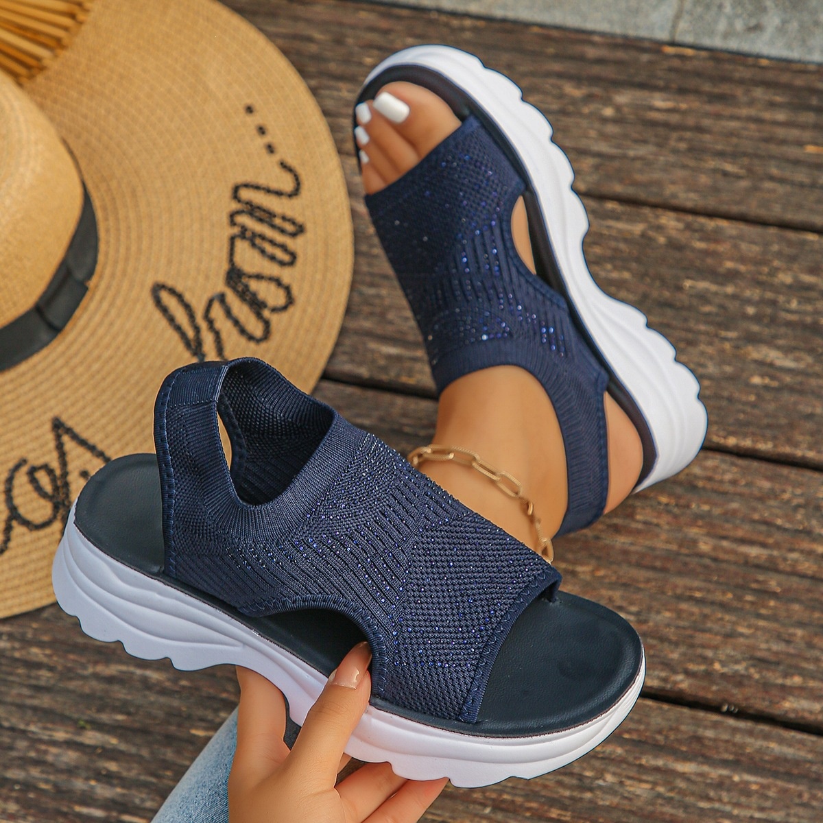 Slip-on Mesh Peep-toe Flyknit Hollowed-out Chunky-soled Sneakers foto 4