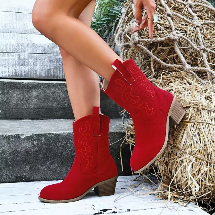 Pointed Toe Western Boots Fashion Retro Embroidered Chunky Square-heeled Mid-calf Boot For Women foto 3
