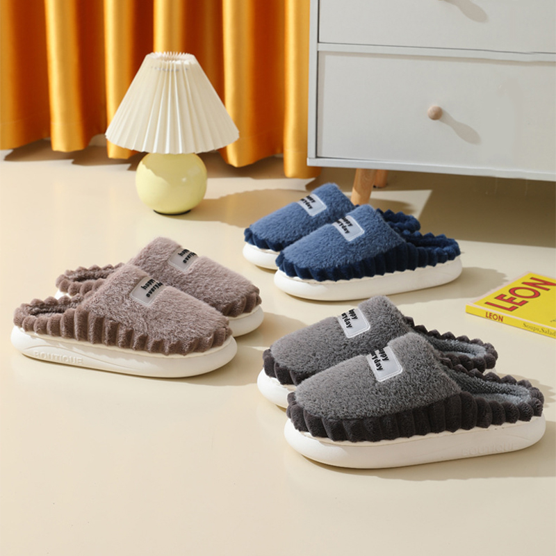 Home Slippers For Men Thick-soled Color-block Letters Fluffy Fleece House Shoes Winter Indoor Warm Slip On Floor Bedroom Slipper foto 5