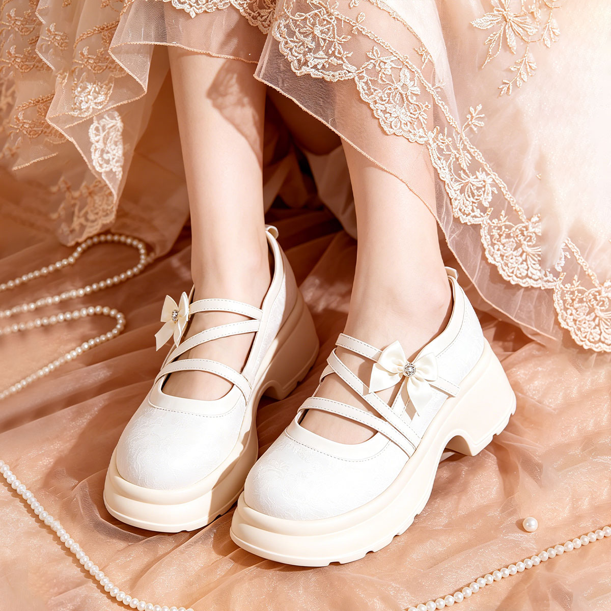 Sweet Bow Platform Mary Jane Shoes, Ivory Chunky Sole Pumps For Daily Wear foto 4