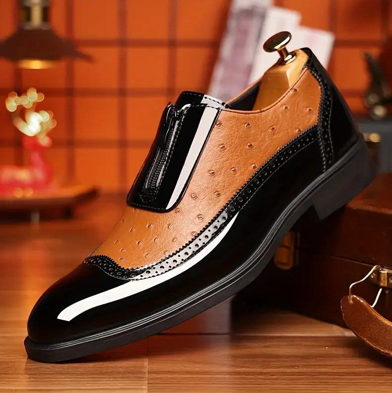 Ostrich Grain Embossed Zipper Pointed Plus Size Bright Leather Chelsea Men's Shoes foto 4
