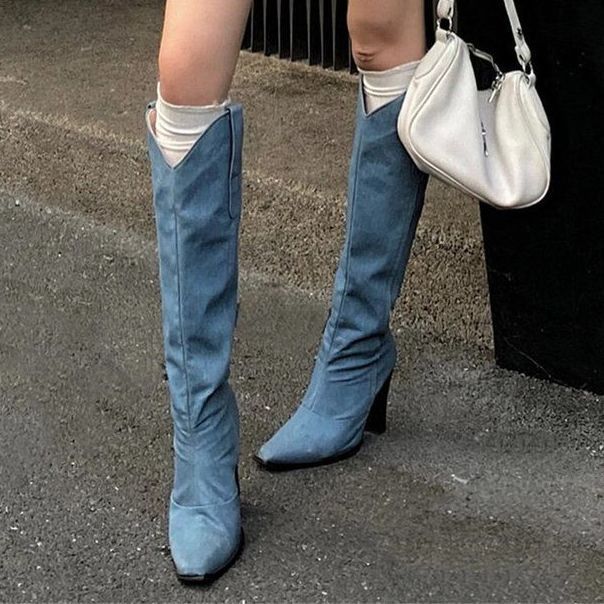 Niche Slimming V Cut Blue Waterproof Platform Western Cowboy Boot foto 3