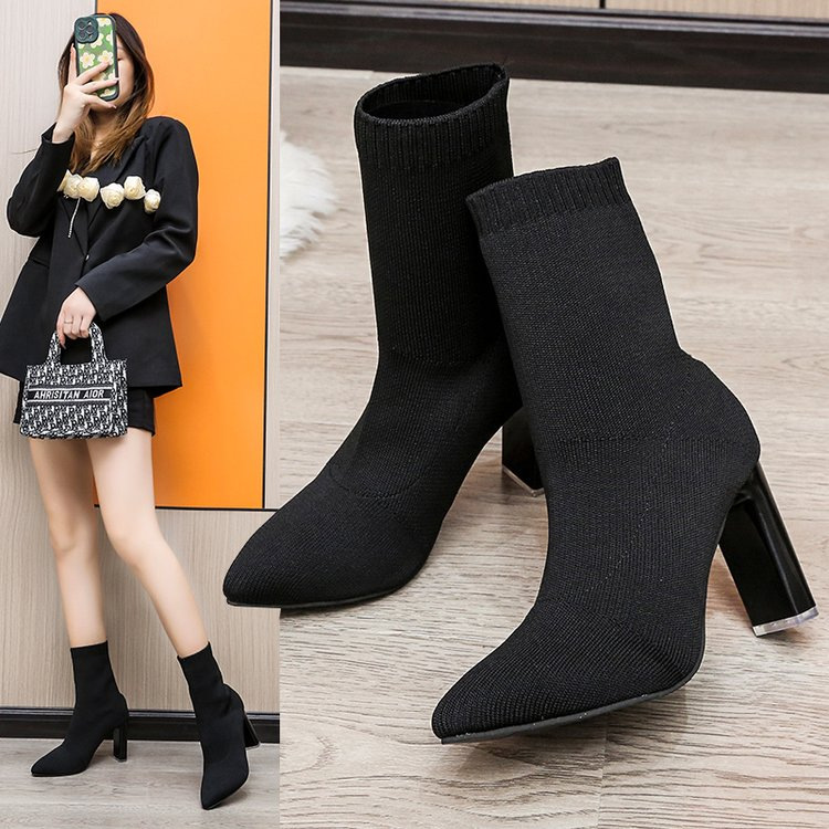 New Winter Fashion Minimalist Chunky-heeled Knitted Suede Ankle Boots With Pointed Toes For Women foto 3
