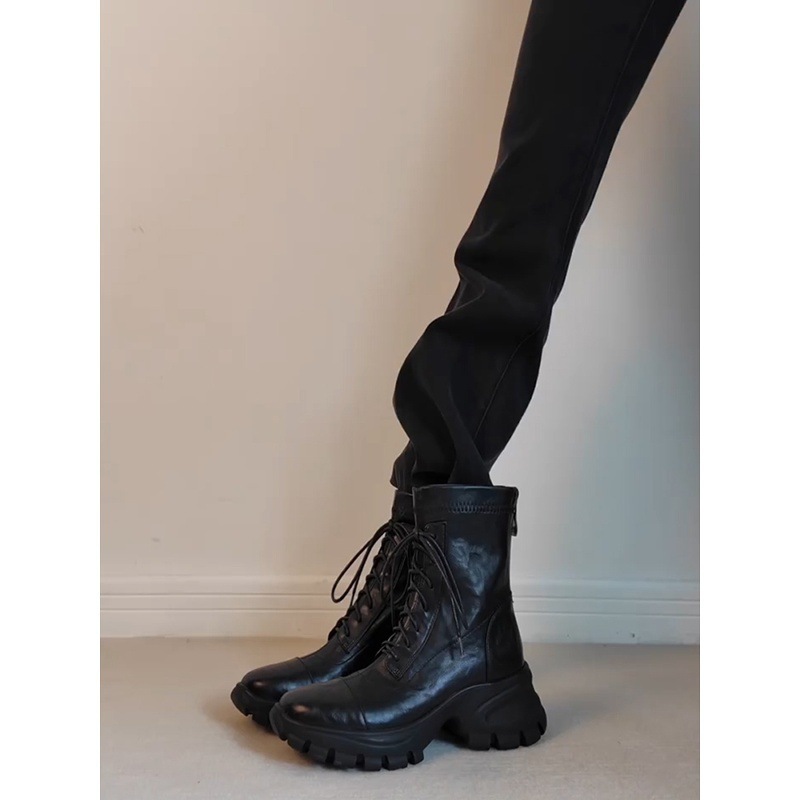New Stylish Versatile Black Thick-soled Back Zipper Lace-up Motorcycle Boots foto 3