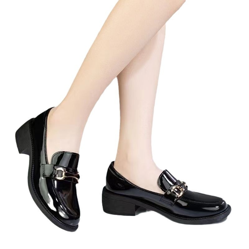 Dark Green Glossy Chunky Heel Metal Buckle Loafers For Women foto 5