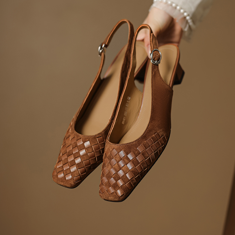 Women's Handmade Suede Woven Slingback Block Heel Sandals, Square-Toe Buckle Dress Shoes foto 3