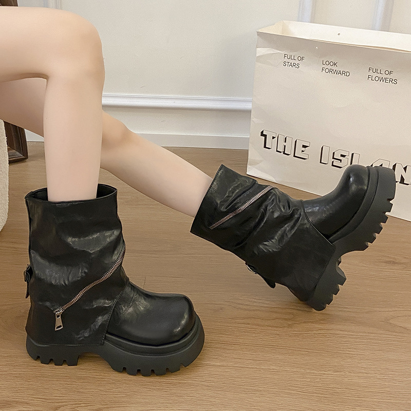 Brown Maillard-effect Thick-soled Autumn Height-increasing Baggy-trousered Boots foto 4