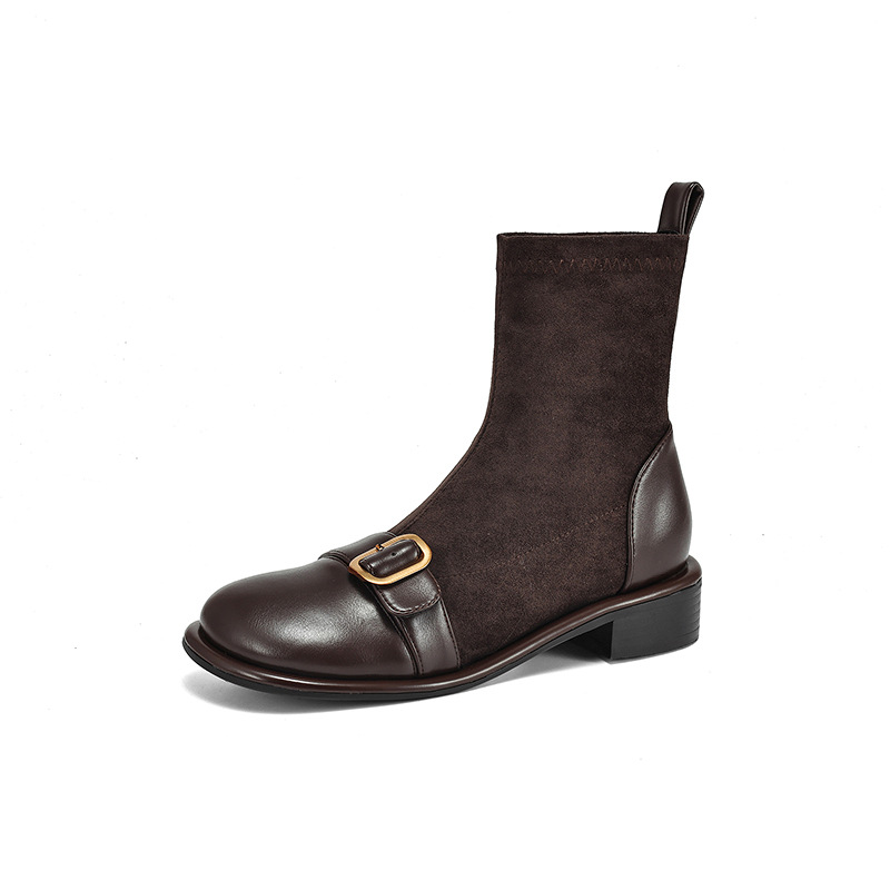 Casual Low Heel Martin Boots Belt Buckle Stitching Short Boots foto 2