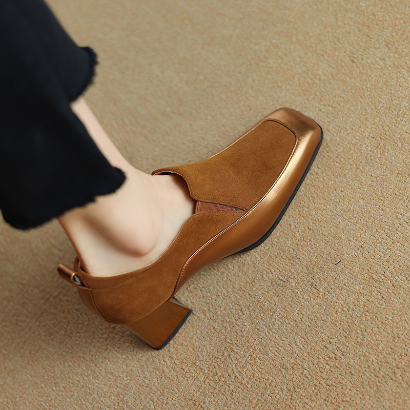 Womens Retro Black Square-Toe High Heels foto 2