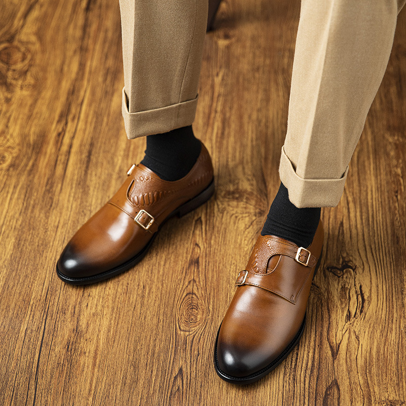Men's First Layer Cowhide Summer Round Toe Double Buckle Retro Style Business Leather Shoes foto 2
