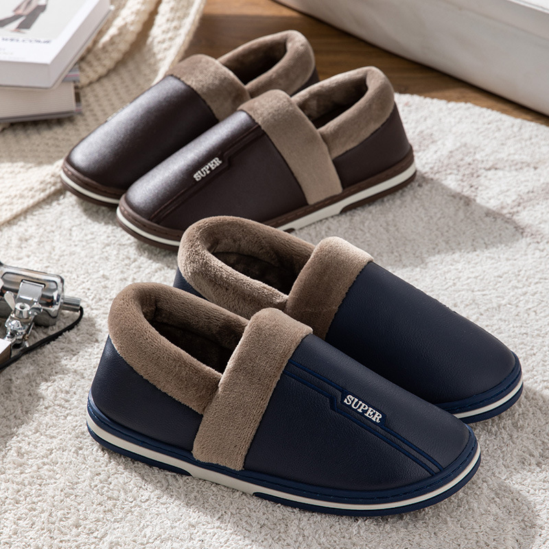 Leather Slippers Waterproof Thick Bottom Indoor Non-slip Warm Shoes foto 5