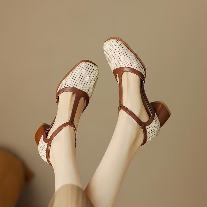 Hole Sandals Female Summer Retro Style Color Block Chunky Heel Pumps foto 5