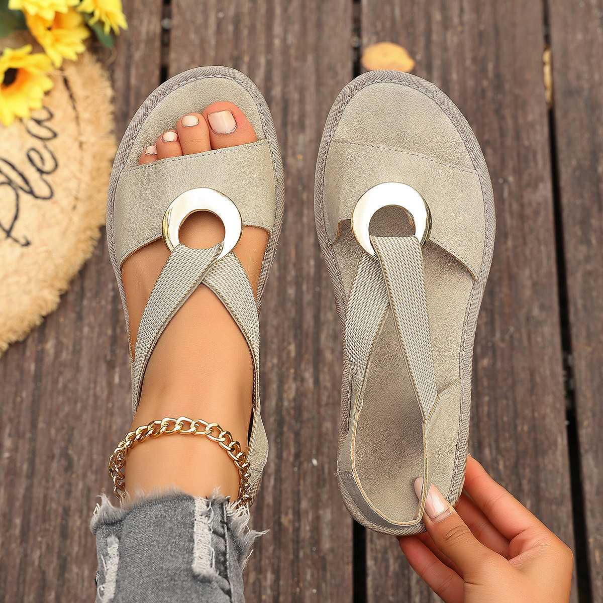 Plus-size Fish-mouth Wedge Sandals With A Jute Sole And Elastic Strap foto 3