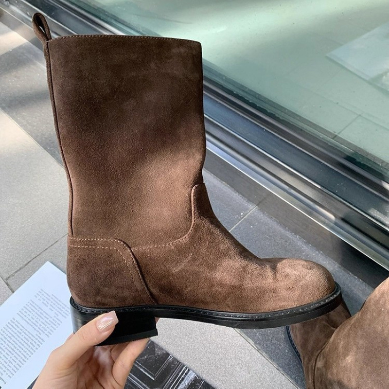 Genuine Leather Mid-calf Vintage Straight-leg Riding Single-layer Boots foto 3