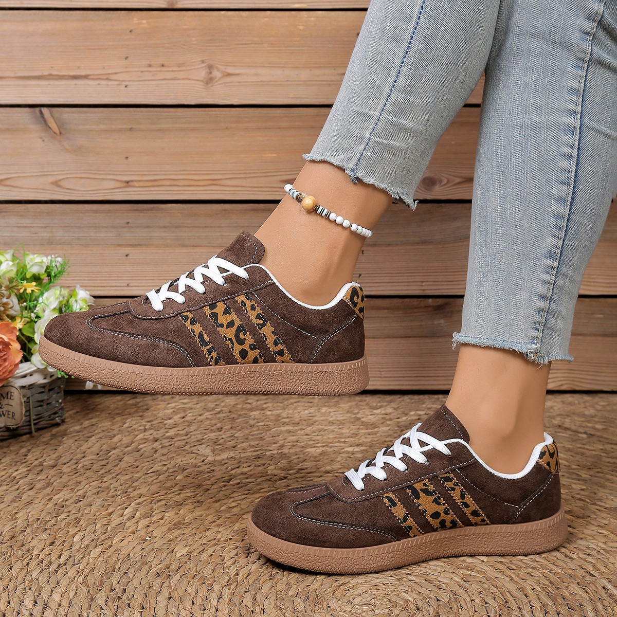 Lace-up Color-Block Round-Toe Leopard-Print Casual Shoes foto 3