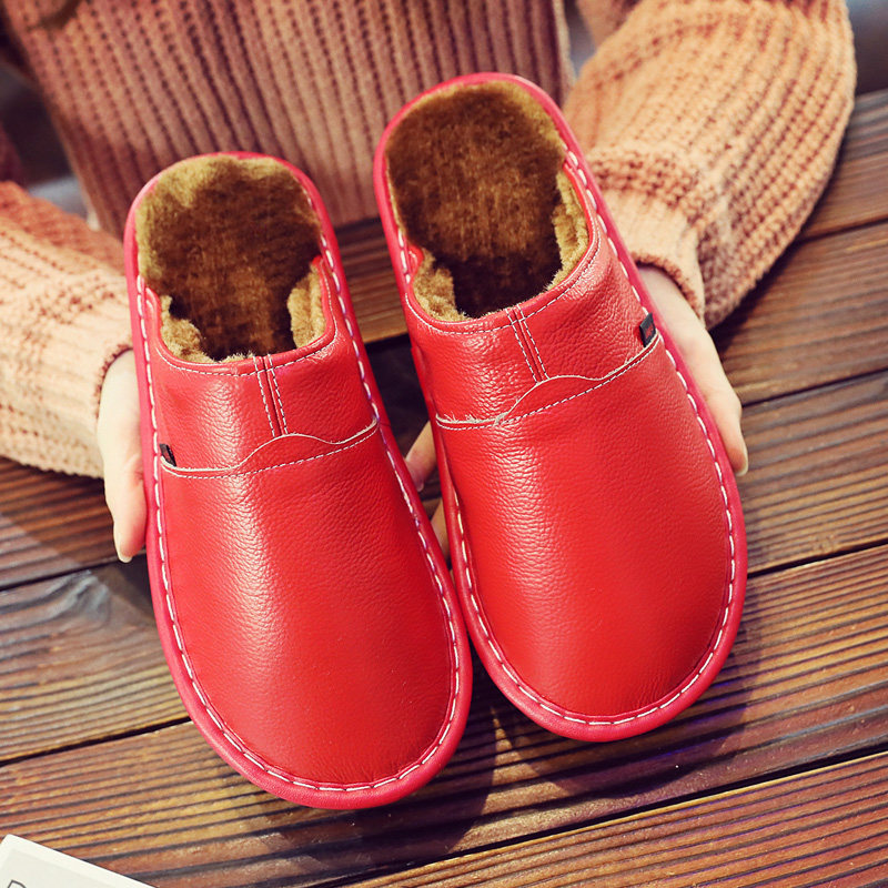 Pure Leather Thermal Cotton Slippers Couple Household Cowhide Waterproof