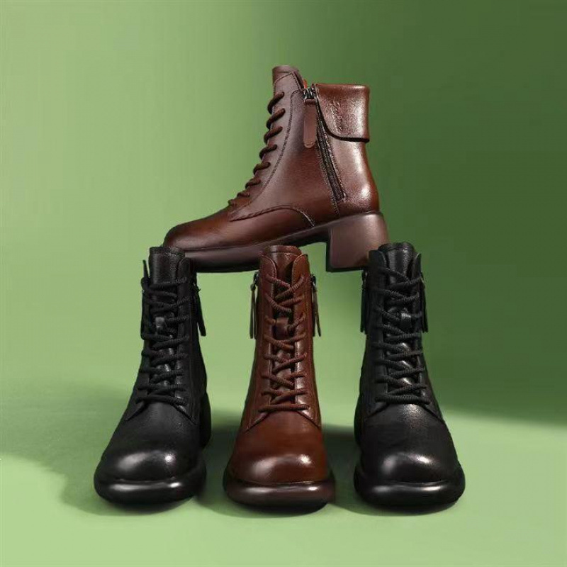 Womens Autumn Chunky-Soled Fashionable All-Match Vintage Leather Boots foto 2