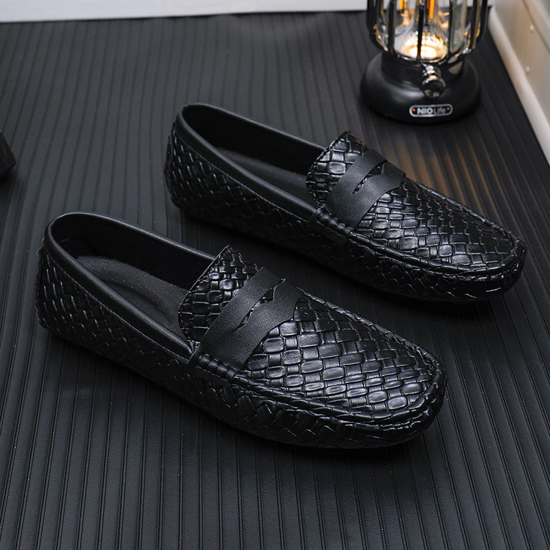 Mens Woven-pattern Leather Shoes Slip-on Loafers foto 3